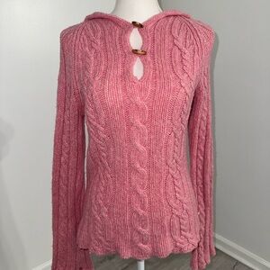Y2K Vintage American Eagle Outfitters Pink Cable Knit Sweater with Hood Sz Large
